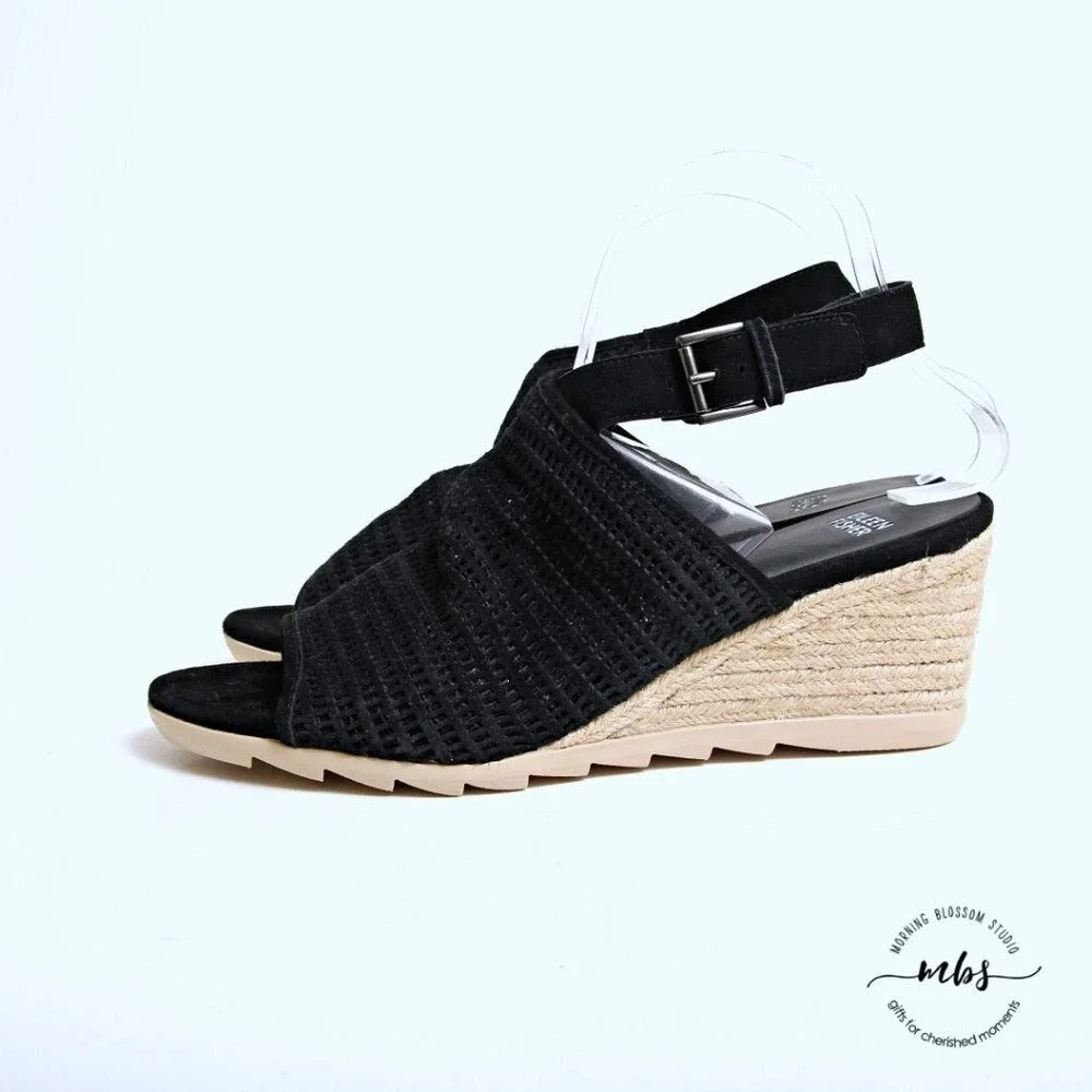 Eileen Fisher Aura Suede Slingback Espadrille Wedges Black‎ Women 9